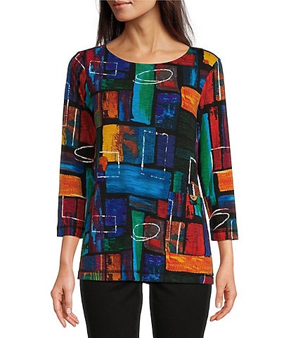 Ali Miles Printed Stretch Crew Neck 3/4 Sleeve Tunic Top