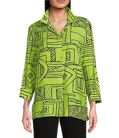Ali Miles Printed Wire Collar 3/4 Sleeve Button Front Tunic