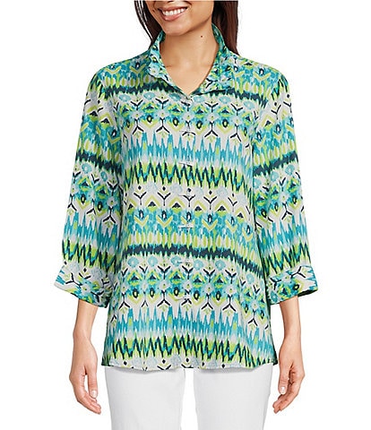 Ali Miles Printed Woven Linen Blend Point Collar 3/4 Sleeve Button Front Tunic