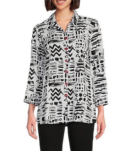 Ali Miles Printed Woven Wire Collar 3/4 Sleeve Button-Front Tunic