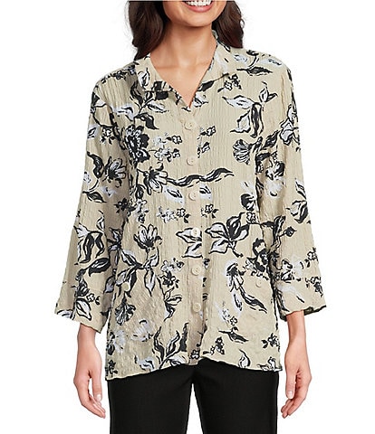 Ali Miles Pucker Woven Allover Stroke Floral Wire Collar 3/4 Sleeves Button Front Shirt