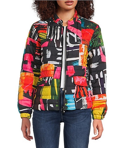 Ali Miles Reversible Abstract Print Quilted Stand Collar Long Sleeve High-Low Zip Front Jacket
