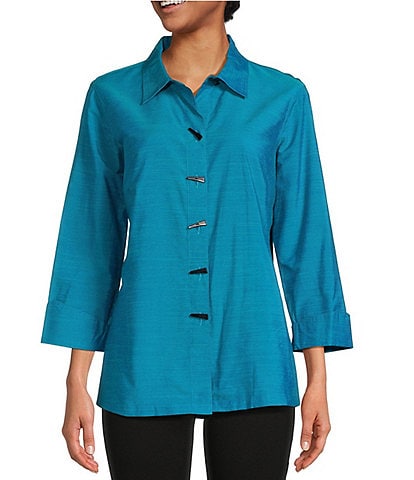Ali Miles Solid Woven Collar Neck 3/4 Sleeve Button Front Tunic