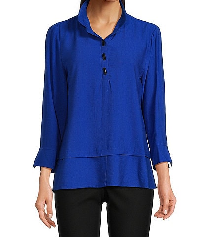 Ali Miles Solid Woven Point Collar 3/4 Roll-Tab Sleeve Blouse