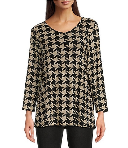 Ali Miles Stretch Houndstooth V-Neck 3/4 Sleeve Tunic Top