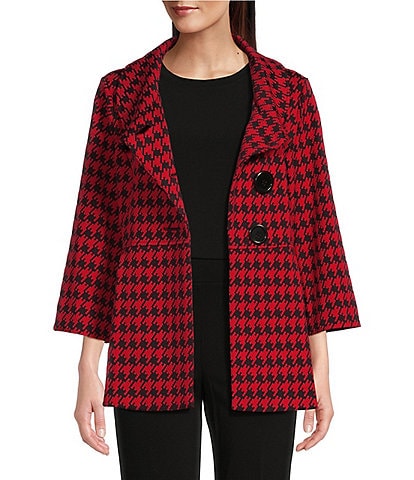 Ali Miles Stretch Jacquard Houndstooth Collared 3/4 Sleeve Button Up Jacket