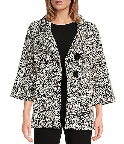 Ali Miles Stretch Jacquard Houndstooth Collared 3/4 Sleeve Button Up Jacket