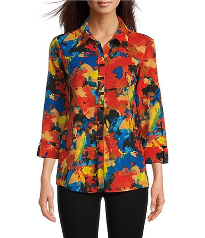 Ali Miles Stretch Abstract Printed Collared Neckline 3/4 Sleeve Tunic