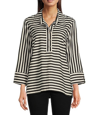 Ali Miles Stripe Collared 3/4 Sleeve Top