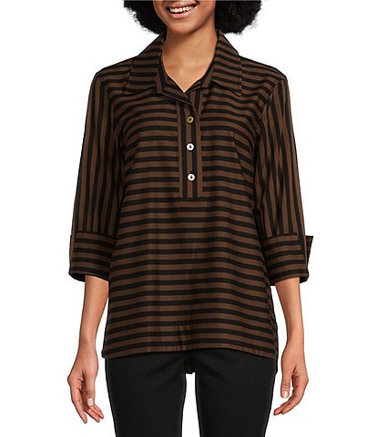 Ali Miles Stripe Collared 3/4 Sleeve Top