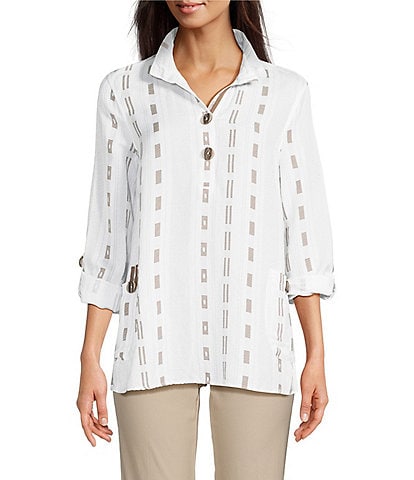 Ali Miles Stripe Dotted Geometric Linen Blend Wire Collar 3/4 Roll-Tab Sleeve Tunic