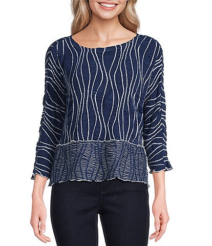 Ali Miles Texture Jacquard Blue Mist Print Round Neck 3/4 Sleeve Pullover Top