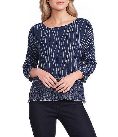 Ali Miles Texture Jacquard Blue Mist Print Round Neck 3/4 Sleeve Pullover Top