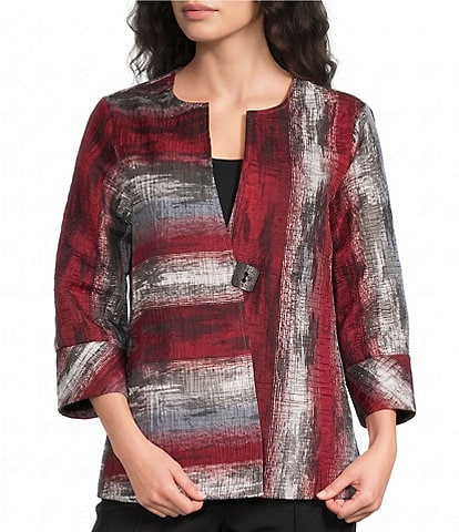 Ali Miles Texture Woven Split Neck 3/4 Sleeve Hi-Low Hem Jacket