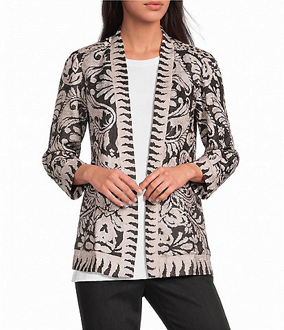Ali Miles Textured Knit Abstract Floral Multi Print 3/4 Sleeve Reversible Open-Front Kimono Jacket