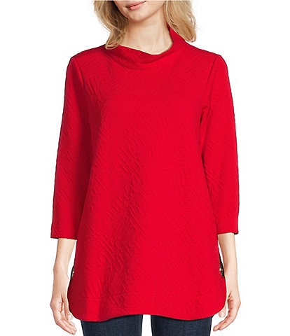 Ali Miles Textured Knit Funnel Neck 3/4 Sleeve Button Detail Tunic