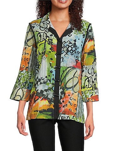 Ali Miles Textured Woven Abstract Multi Print Wire Collar 3/4 Sleeve Button-Front Tunic