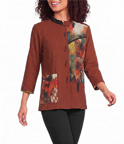 Ali Miles Textured Woven Abstract Patch Print 3/4 Sleeve Button Front Tunic