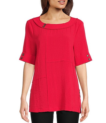 Ali Miles Textured Woven Contrast Stitch Round Neck Short Sleeve Tunic