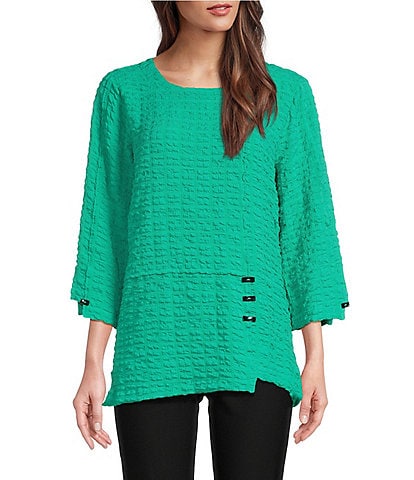 Ali Miles Textured Woven Scoop Neck Accent Button Details 3/4 Sleeve Tunic