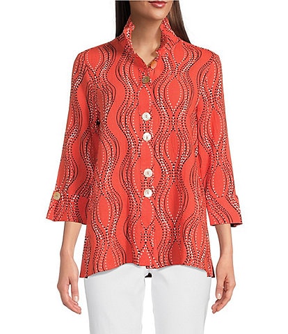 Ali Miles Wavy Dotted Wavy Lines Print Wire Collar 3/4 Cuffed Sleeve Button-Front Shirt