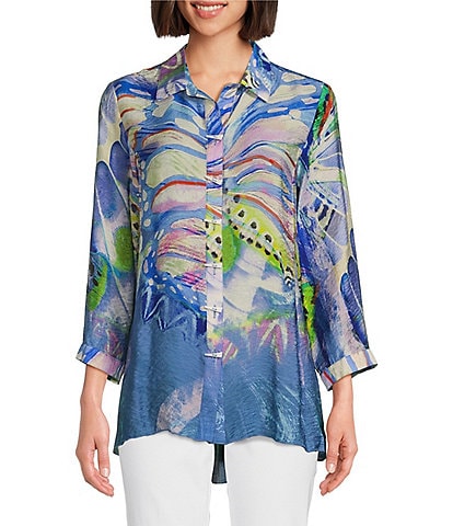 Ali Miles Woven Abstract Butterfly Printed Point Collar 3/4 Sleeve Button-Front Tunic