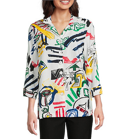 Ali Miles Woven Abstract Doodle Print Wire Collar 3/4 Sleeve Button Front Tunic