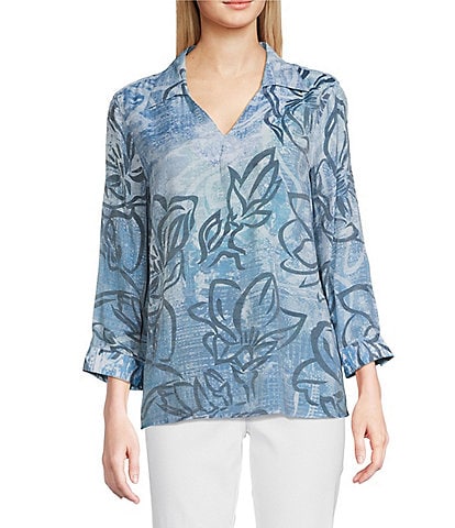 Ali Miles Woven Abstract Floral Print Point Collar 3/4 Sleeve Hi-Low Hem Tunic