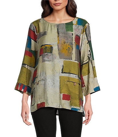 Ali Miles Woven Abstract Multi Print Round Neck 3/4 Sleeve Hi-Low Hem Tunic