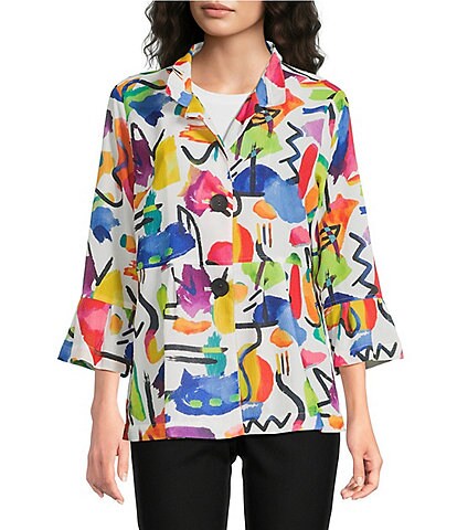 Ali Miles Woven Abstract Multi Wire Collar 3/4 Flounce Sleeve Button Front Jacket