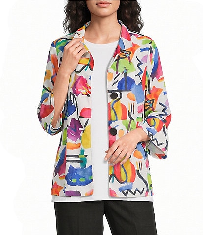 Ali Miles Woven Abstract Multi Wire Collar 3/4 Flounce Sleeve Button Front Jacket