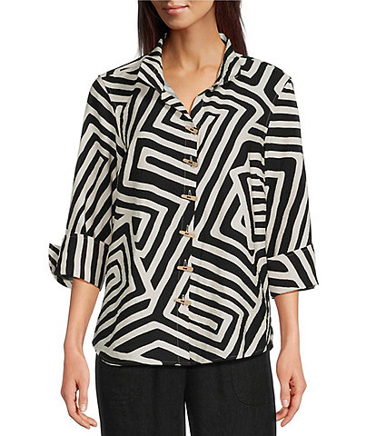 Ali Miles Woven Abstract Print Point Collar 3/4 Sleeve Shirt