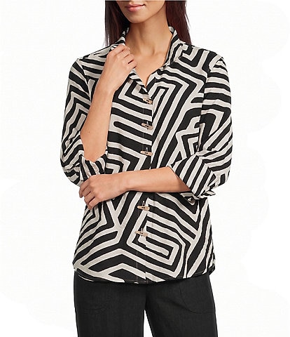 Ali Miles Woven Abstract Print Point Collar 3/4 Sleeve Shirt