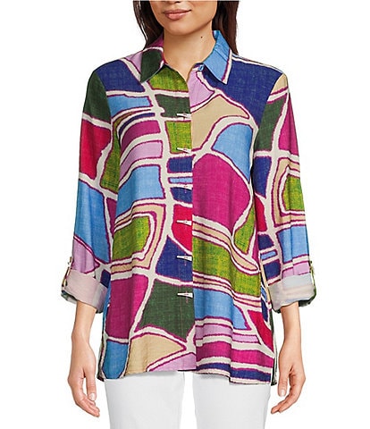 Ali Miles Woven Abstract Print Point Collar Roll-Tab Sleeve Button-Front Tunic
