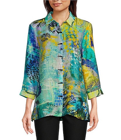 Ali Miles Woven Abstract Print Y-Neck 3/4 Cuffed Sleeve Button Front Tunic