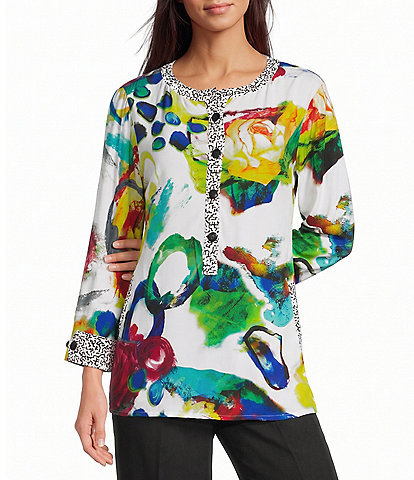 Ali Miles Woven Abstract Round Neck 3/4 Cuffed Sleeve Blouse