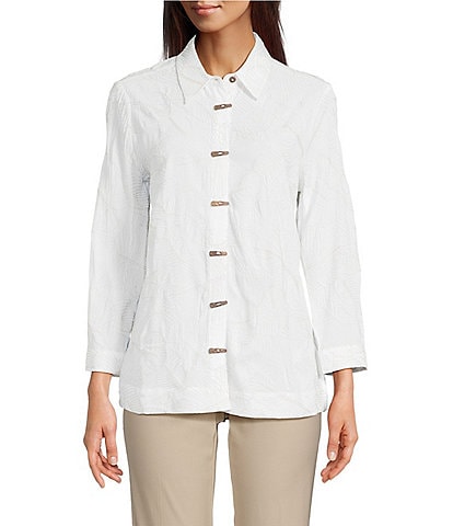 Ali Miles Woven Allover Floral Embroidered Point Collar 3/4 Sleeve Button Front Tunic
