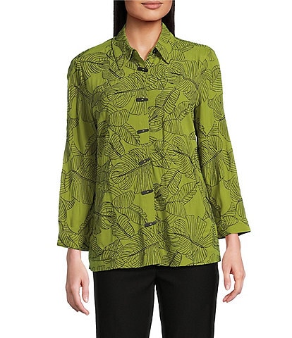 Ali Miles Woven Allover Floral Embroidered Point Collar 3/4 Sleeve Button Front Tunic