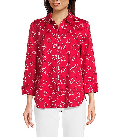 Ali Miles Woven Allover Star Print Point Collar 3/4 Cuffed Sleeve Button Front Tunic