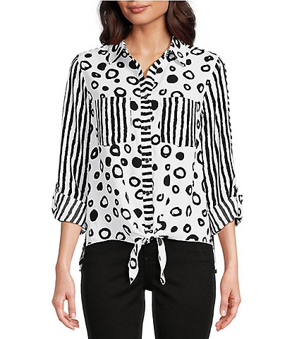 Ali Miles Woven Animal Spot Stripe Printed Point Collar Chest Patch Pocket Long Roll-Tab Sleeve Tie Front Tunic