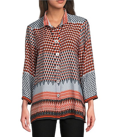 Ali Miles Woven Chevron Geo Print Wire Collar 3/4 Cuff Sleeve Hi-Low Hem Button Front Tunic