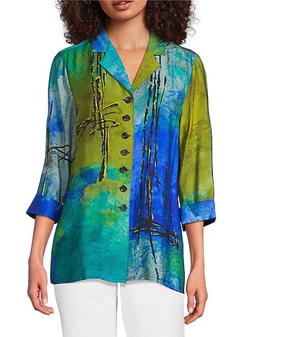 Ali Miles Woven Color Block Print Point Collar 3/4 Sleeve Button Front Tunic