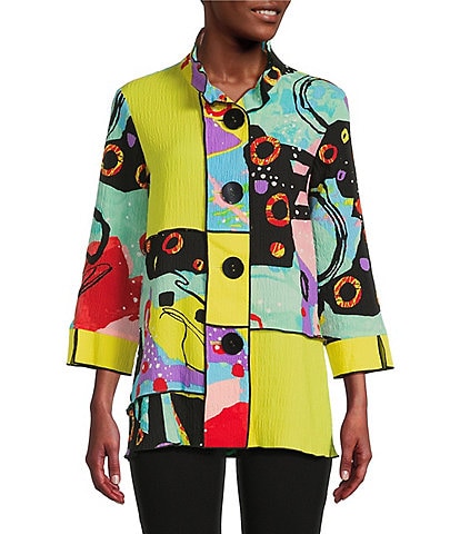 Ali Miles Woven Color Blocked Abstract Print Wire Collar 3/4 Sleeve Button Front Tunic