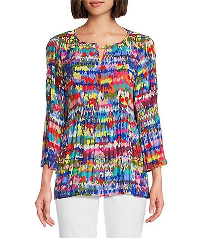 Ali Miles Woven Crinkle Chevron Ikat Print Split V-Neck 3/4 Flounce Sleeve Tunic