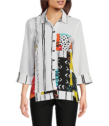 Ali Miles Woven Crinkle Multi Abstract Print Point Collar 3/4 Sleeve Asymmetrical Hem Button-Front Tunic