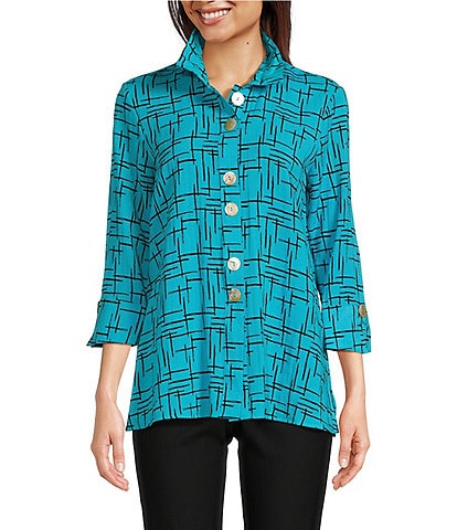 Ali Miles Woven Crinkle Wire Collar 3/4 Sleeve Button-Front Tunic