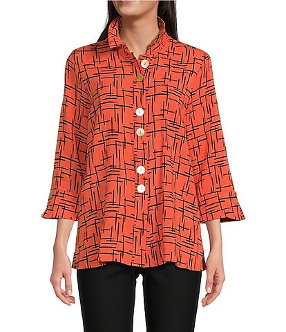 Ali Miles Woven Crinkle Wire Collar 3/4 Sleeve Button-Front Tunic