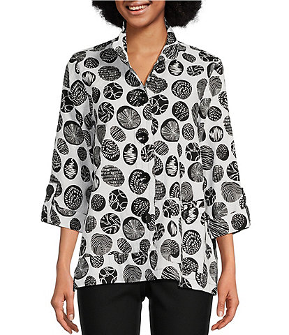 Ali Miles Woven Dotted Printed Patch Pocket 3/4 Sleeve Stand Collar Button Front Tunic