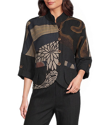 Ali Miles Woven Embroidered Patch Stand Collar 3/4 Sleeve Tulip Hem Button Front Jacket