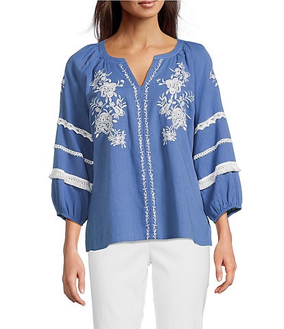 Ali Miles Woven Floral Embroidered Y-Neck 3/4 Sleeves Lace Trim Tunic